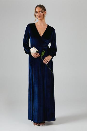 Debut London by Coast Long Sleeve Wrap Velvet Bridesmaids Dress navy