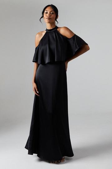 Black Debut London by Coast Halterneck Cold Shoulder Satin Bridesmaids Maxi Dress