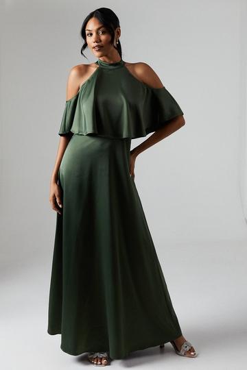 Debut London by Coast Halterneck Cold Shoulder Satin Bridesmaids Maxi Dress olive