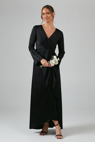 Black Debut London by Coast Long Sleeve Waterfall Detail Satin Bridesmaids Dress