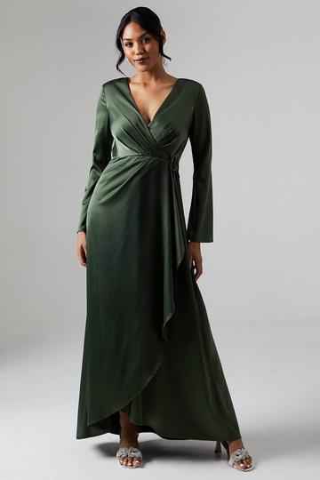 Debut London by Coast Long Sleeve Waterfall Detail Satin Bridesmaids Dress olive