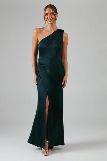 Debut London by Coast One Shoulder Tie Neck Detail Satin Bridesmaids Dress emerald