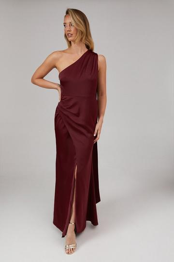 Debut London by Coast One Shoulder Tie Neck Detail Satin Bridesmaids Dress merlot