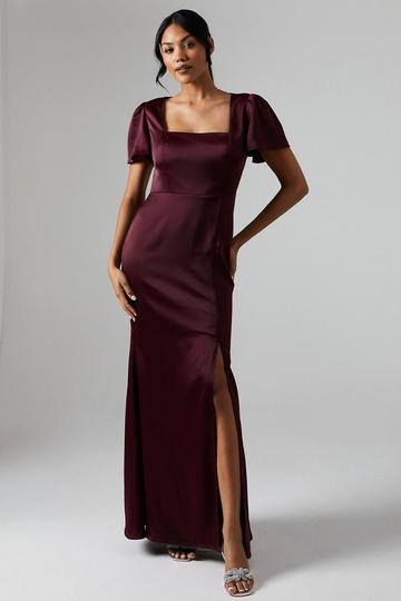 Debut London by Coast Angel Sleeve Square Neckline Satin Bridesmaids Maxi Dress merlot