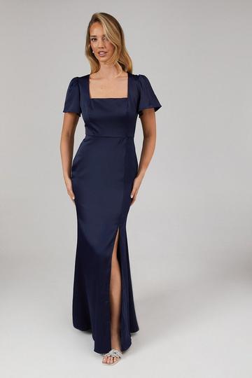 Debut London by Coast Angel Sleeve Square Neckline Satin Bridesmaids Maxi Dress navy