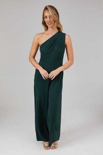 Debut London by Coast Ruched One Shoulder Scuba Crepe Bridesmaids Jumpsuit emerald