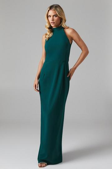 Debut London Twist Back Halter Stretch Crepe Bridesmaids Dress emerald