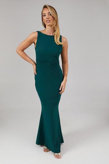 Debut London Pleated Waistband Stretch Crepe Bridesmaids Dress emerald