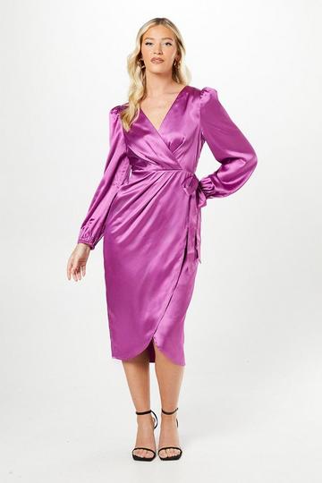 Debut London By Coast Satin Long Sleeve Wrap Midi Dress orchid