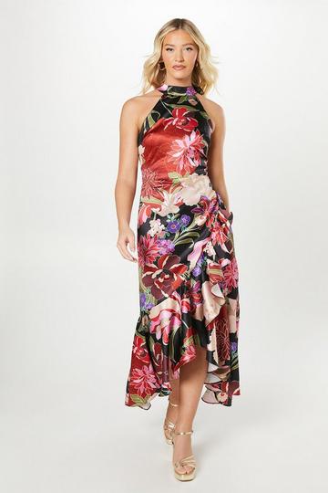 Debut London By Coast Printed Halterneck Satin Ruffle Dress black