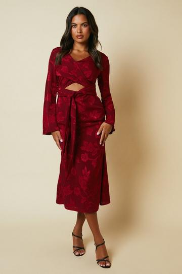 Debut London By Coast Long Sleeve Wrap Waist Satin Jacquard Midi Dress red