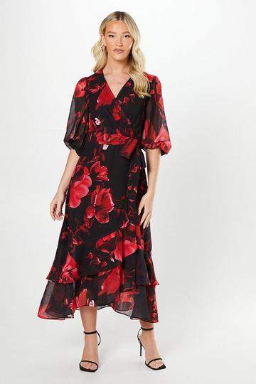 Debut London By Coast Printed Chiffon Tiered Wrap Dress multi