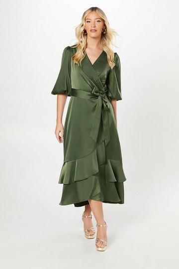 Debut London By Coast Satin Tiered Wrap Dress olive