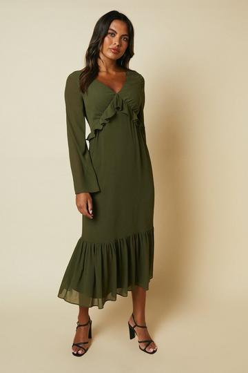 Olive Green Debut London By Coast Kimono Sleeve Tiered Hem Georgette Midi Dress