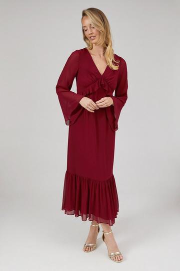 Debut London By Coast Kimono Sleeve Tiered Hem Georgette Midi Dress oxblood