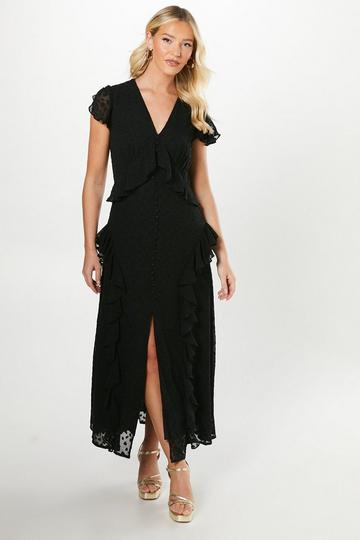 Debut London By Coast Flutter Sleeve Dobby Mesh Button Through Midi Dress black