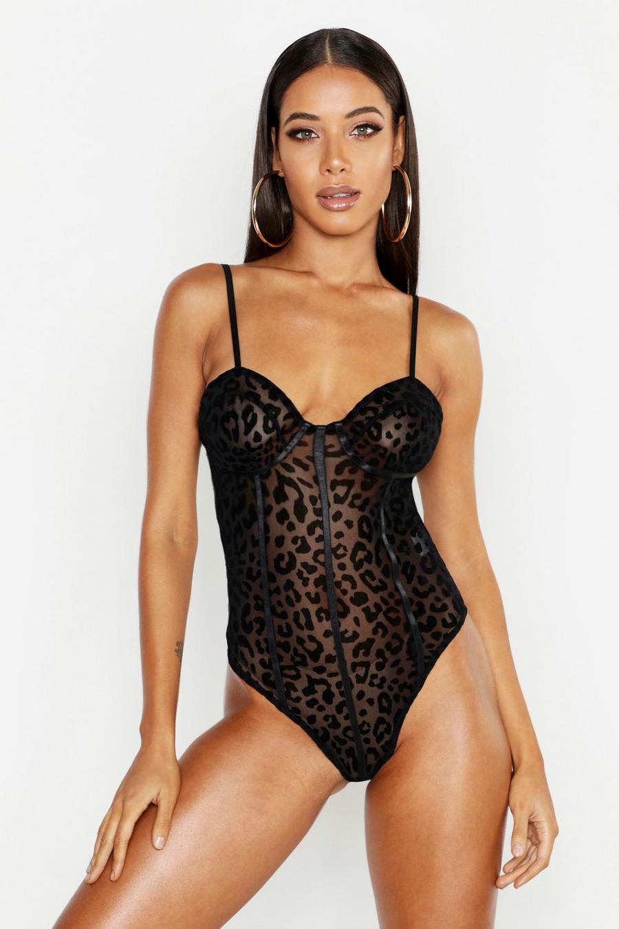Black Premium body i leopardmönstrad mesh med sydda kupor image number 1