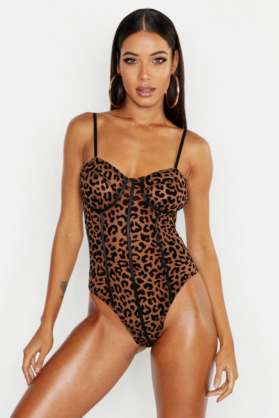 Premium body leopardato in rete con coppe disegnate, Cammello image number 1