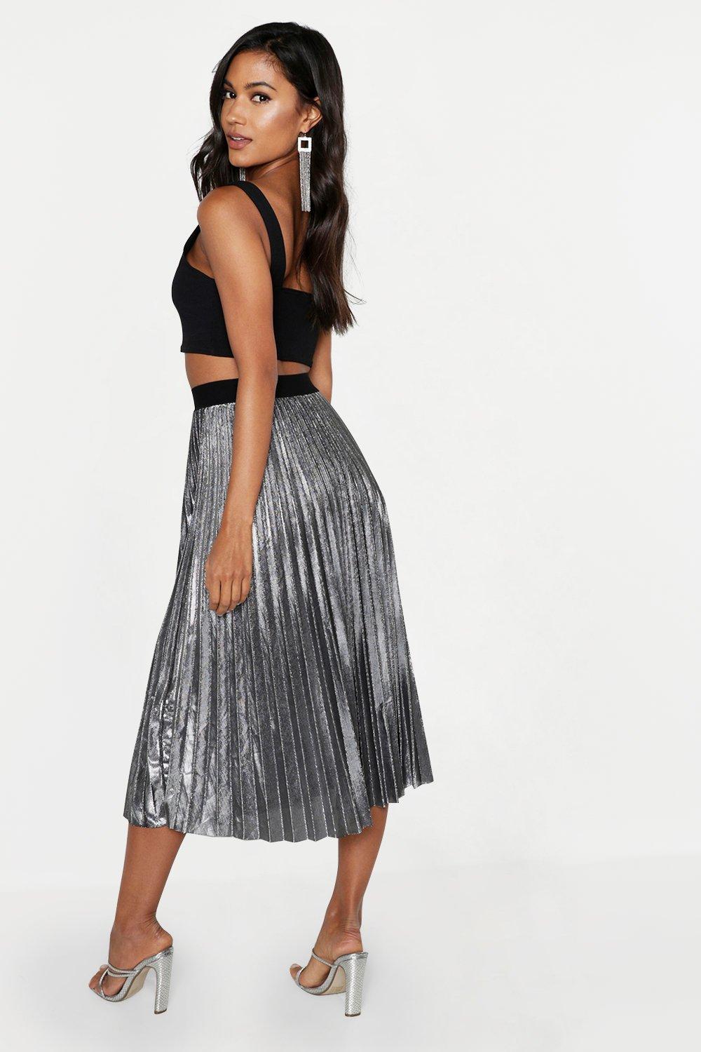 silver metallic pleated skirt