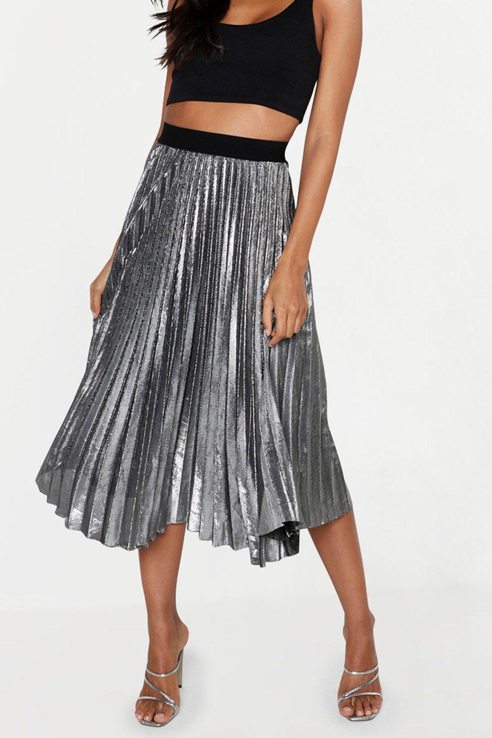 silver metallic pleated skirt