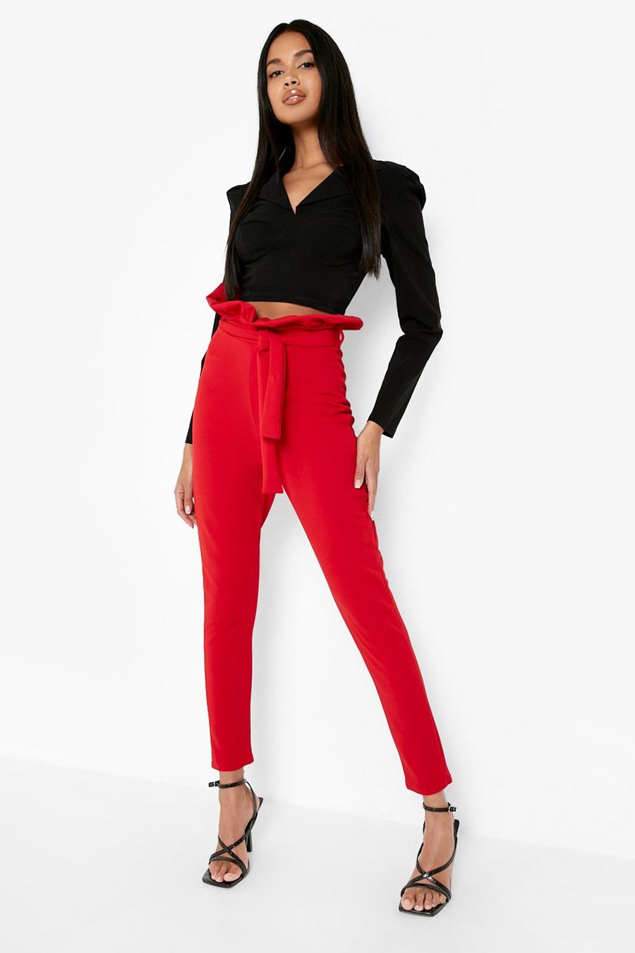 Red Paperbag Tie Waist Skinny Trousers image number 1