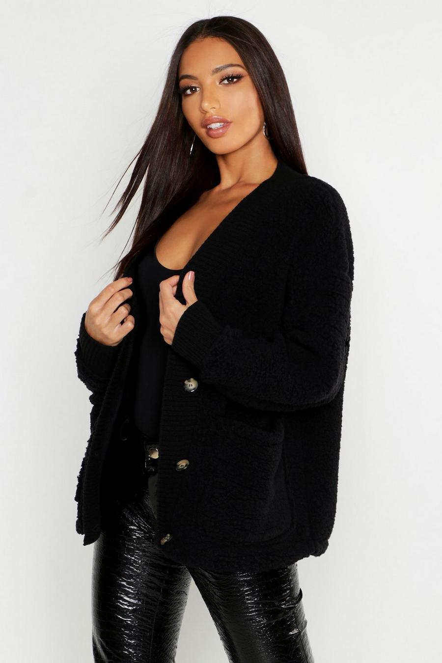 Black Knitted Borg Cardigan With Rib Trim image number 1
