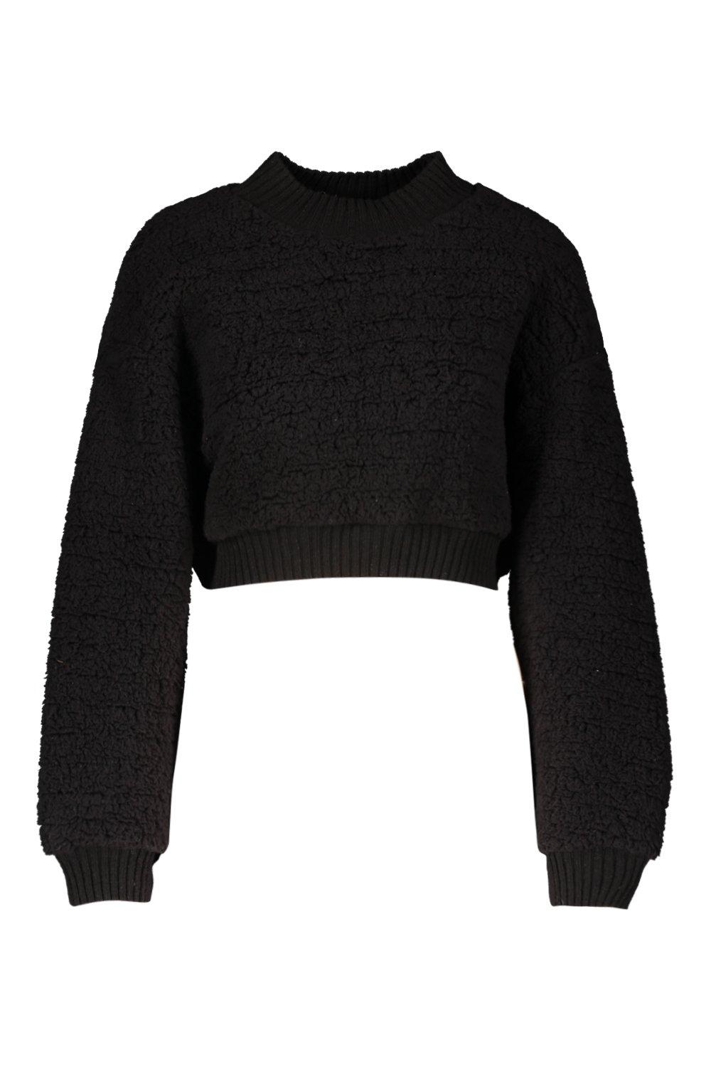 Knitted Borg Crop Jumper With Rib Trim