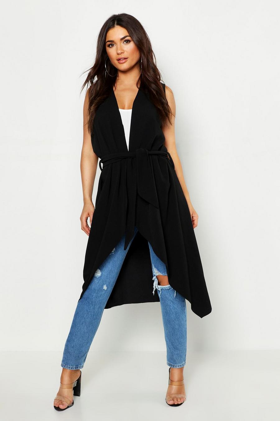 Black Waterfall Belted Sleeveless Duster image number 1