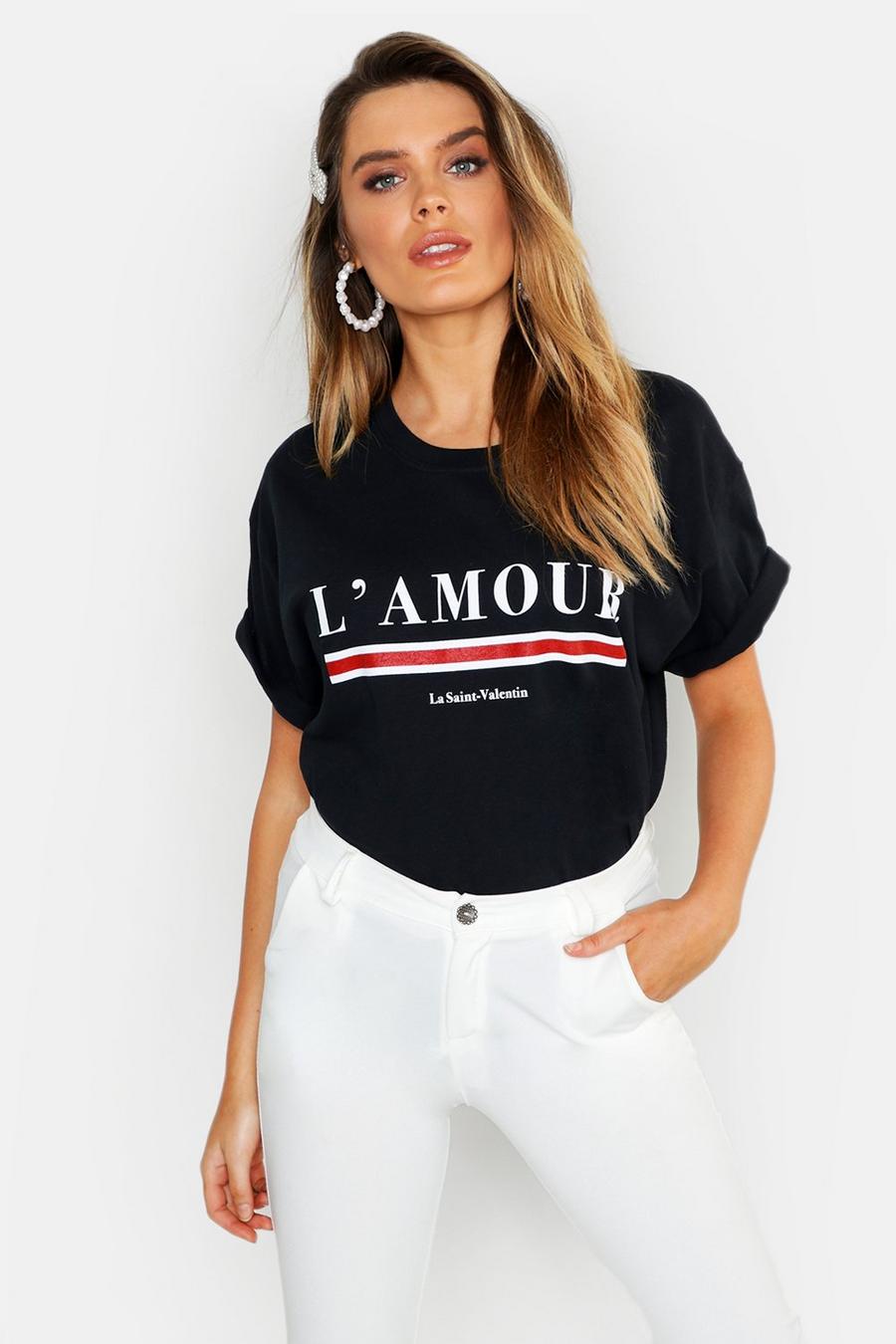 T-Shirt mit L'Amour Slogan, Schwarz