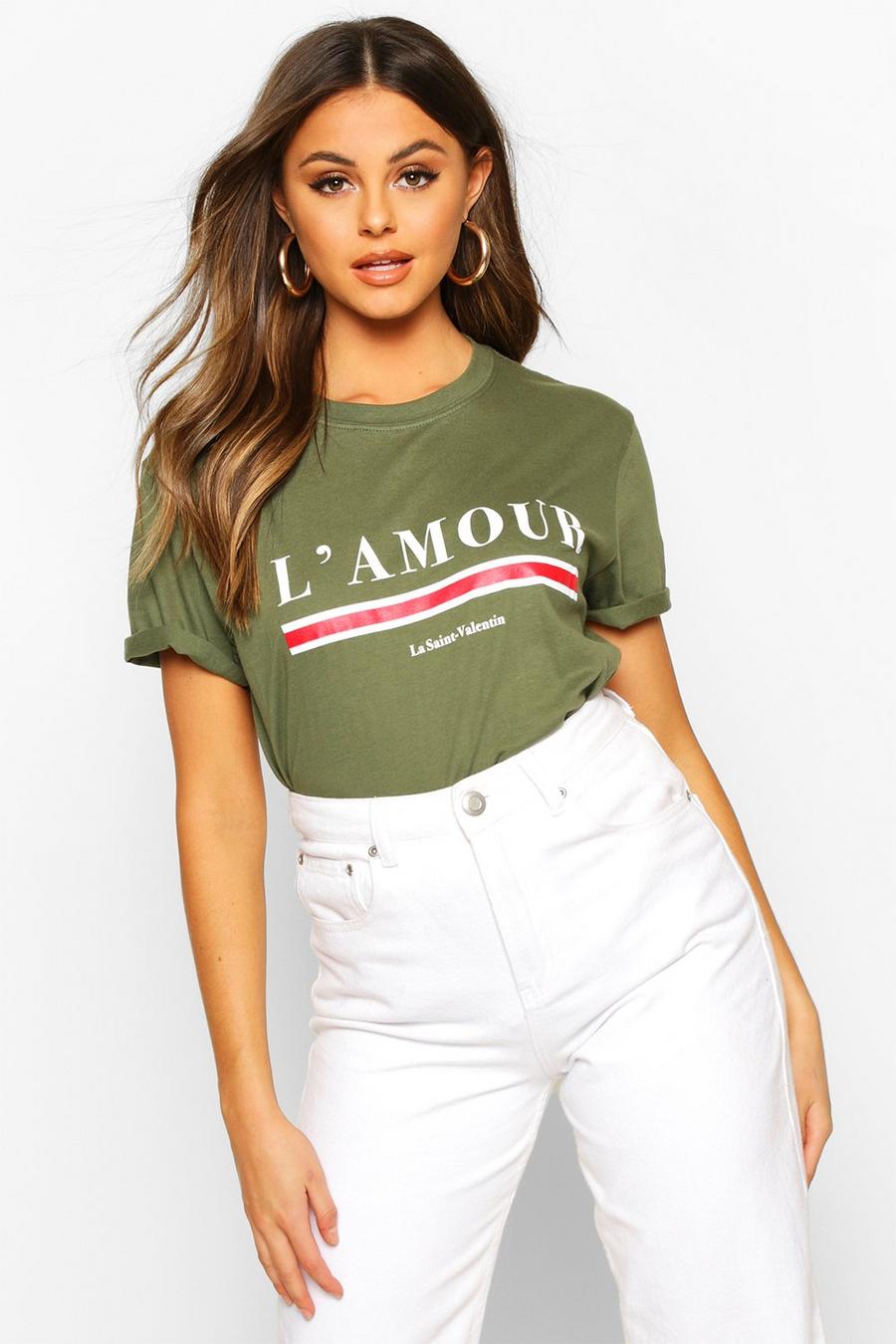 Khaki L'amour t-shirt med slogan image number 1