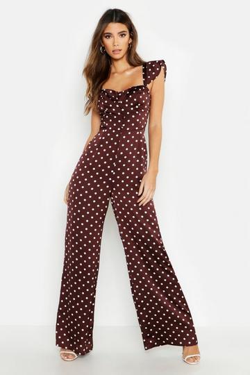 Polka Dot Satin Sweetheart Button Jumpsuit chocolate