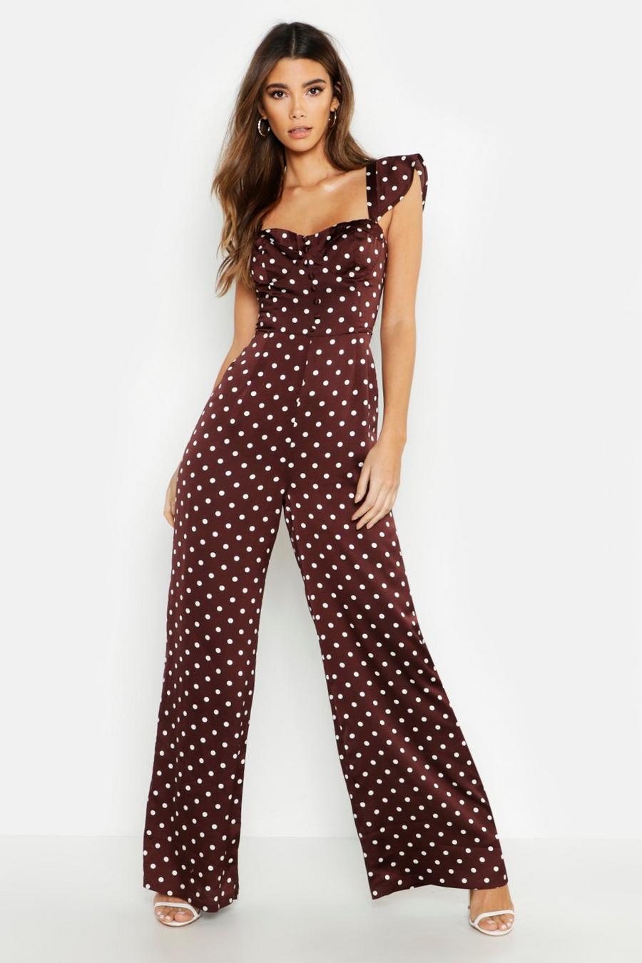 Chocolate Polka Dot Satin Sweetheart Button Jumpsuit image number 1