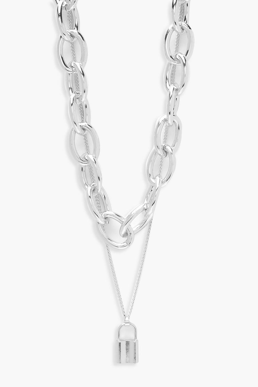 Silver Chunky Chain & Padlock Layered Necklace image number 1