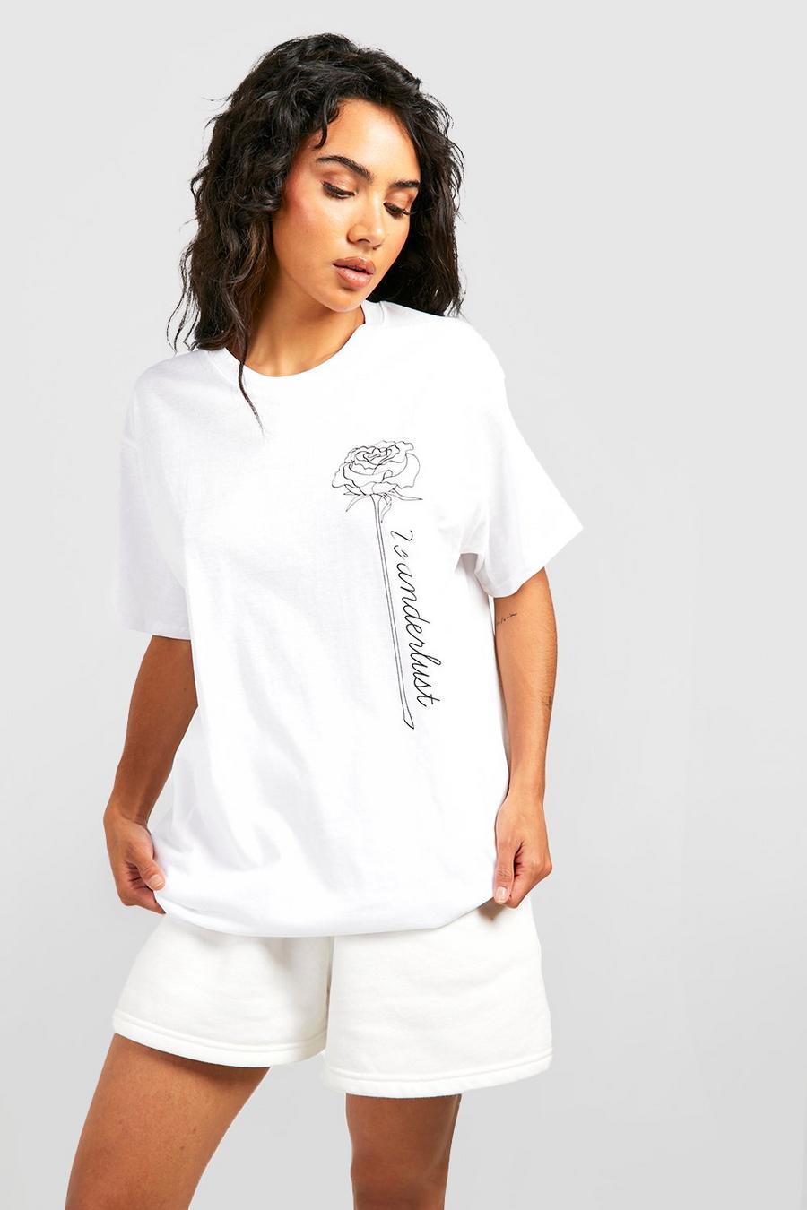 White vit T-shirt med rosmotiv image number 1