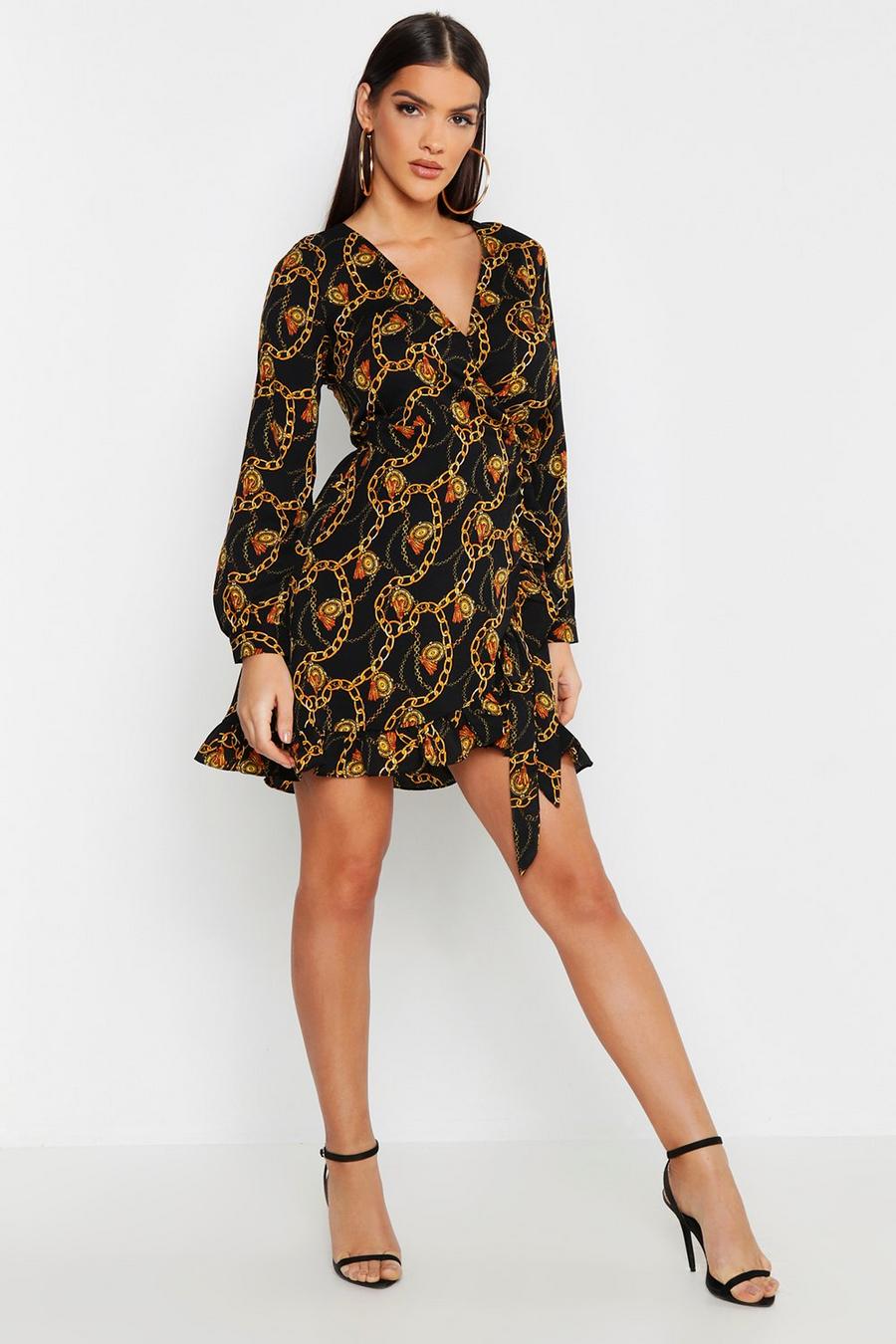 Woven Chain Print Ruffle Wrap Dress image number 1