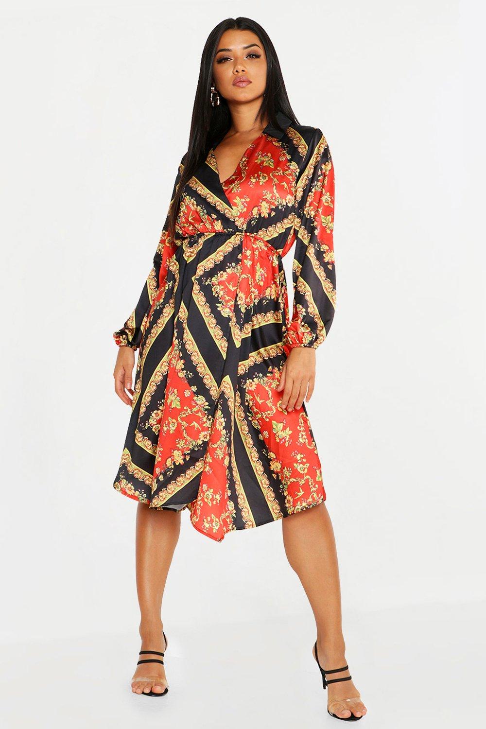 boohoo wrap mini dress in scarf print