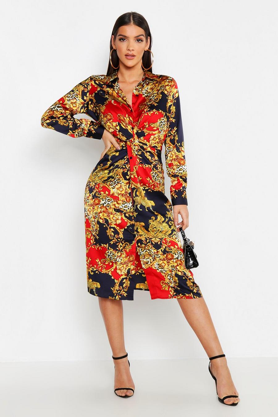 Satin Knot Front Chain Print Midi Dress image number 1