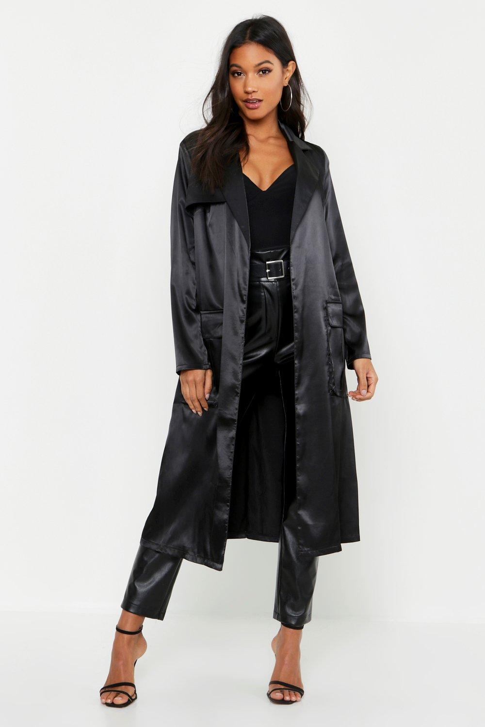 satin trench coat black
