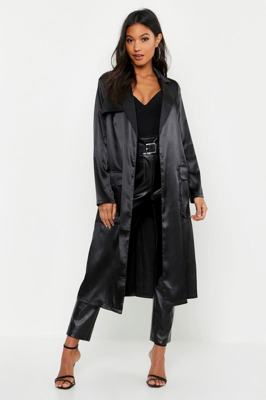 Black Satin Utility Belted Trench Coat image number 1