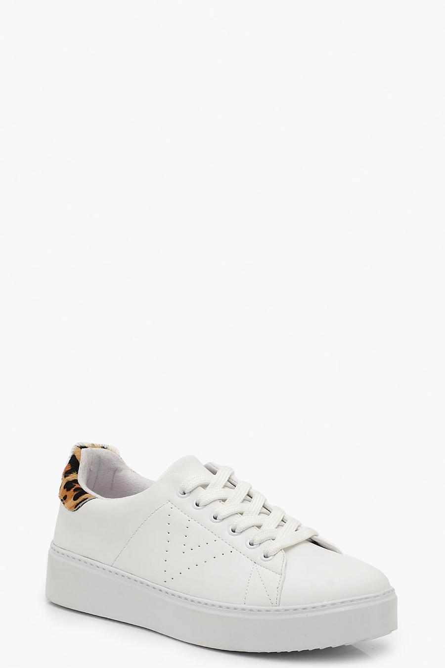 White Sneakers med platåsula och leopardmönstrad panel image number 1