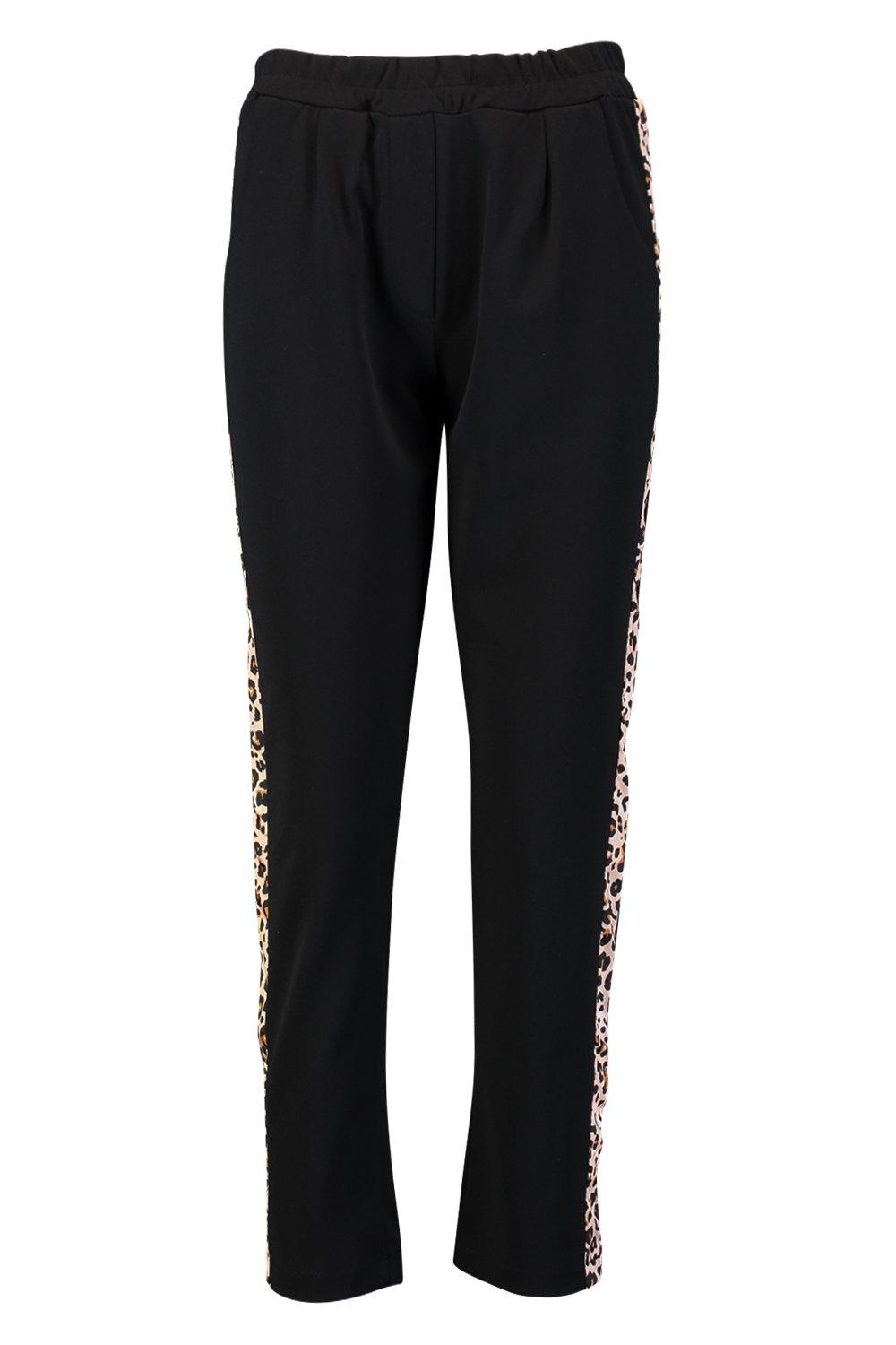 black trousers with leopard print stripe