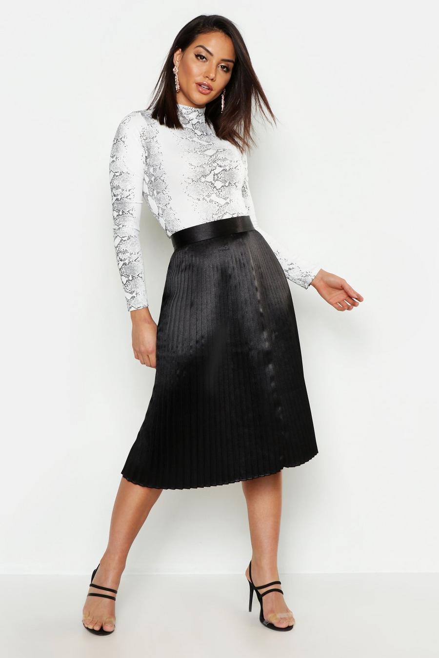 Black Satin Pleated Midi Skirt image number 1