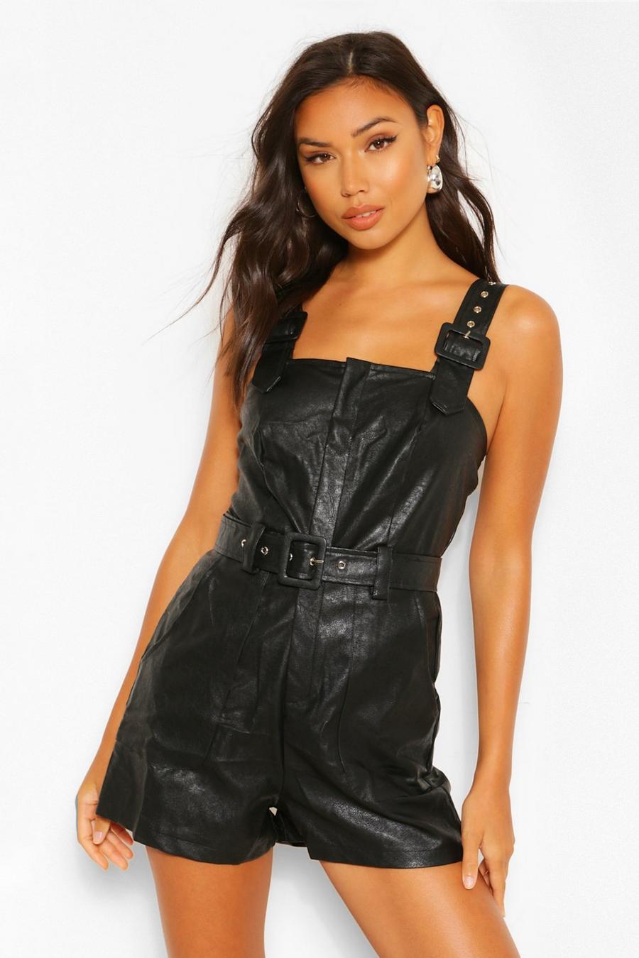 Black Pu Faux Leather Belted Pinafore Romper image number 1
