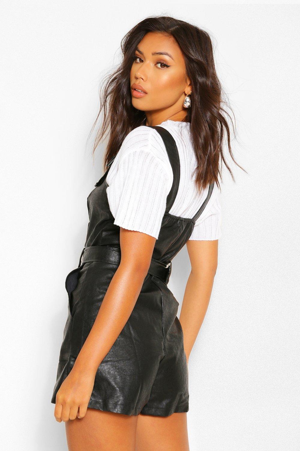 Black leather overalls dress best sale