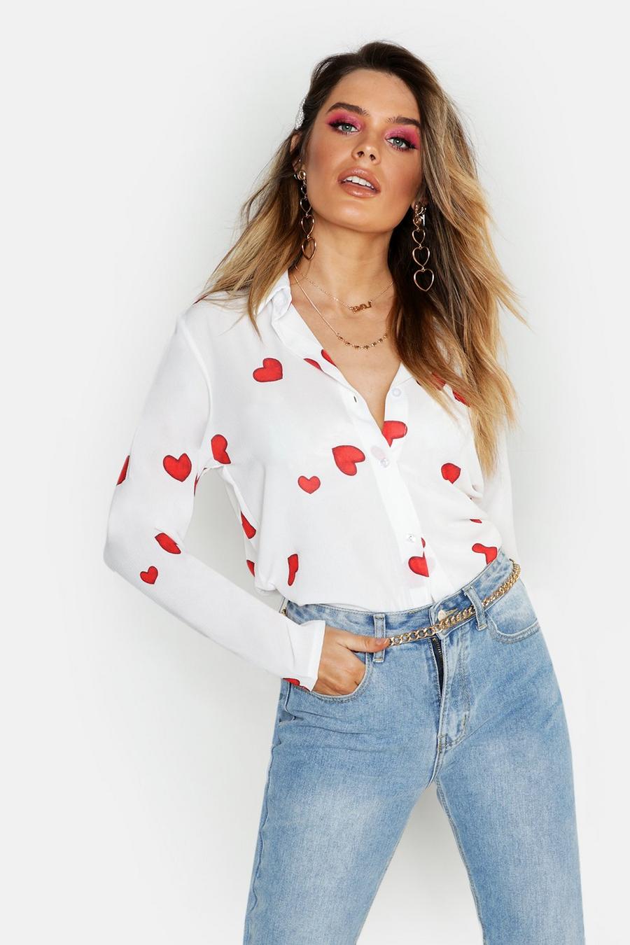 White Woven Heart Print Shirt image number 1