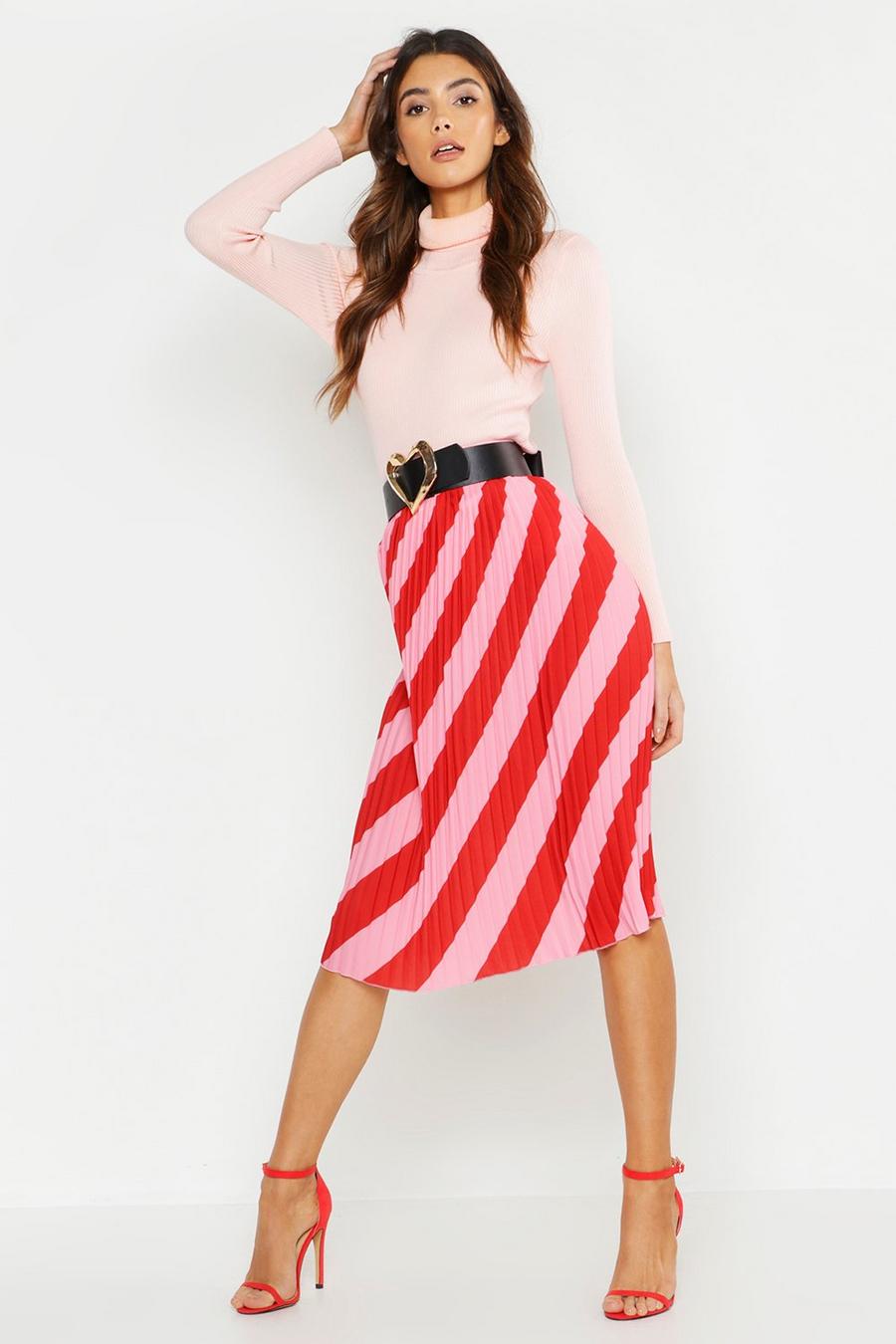 Pink Woven Stripe Pleated Skirt image number 1