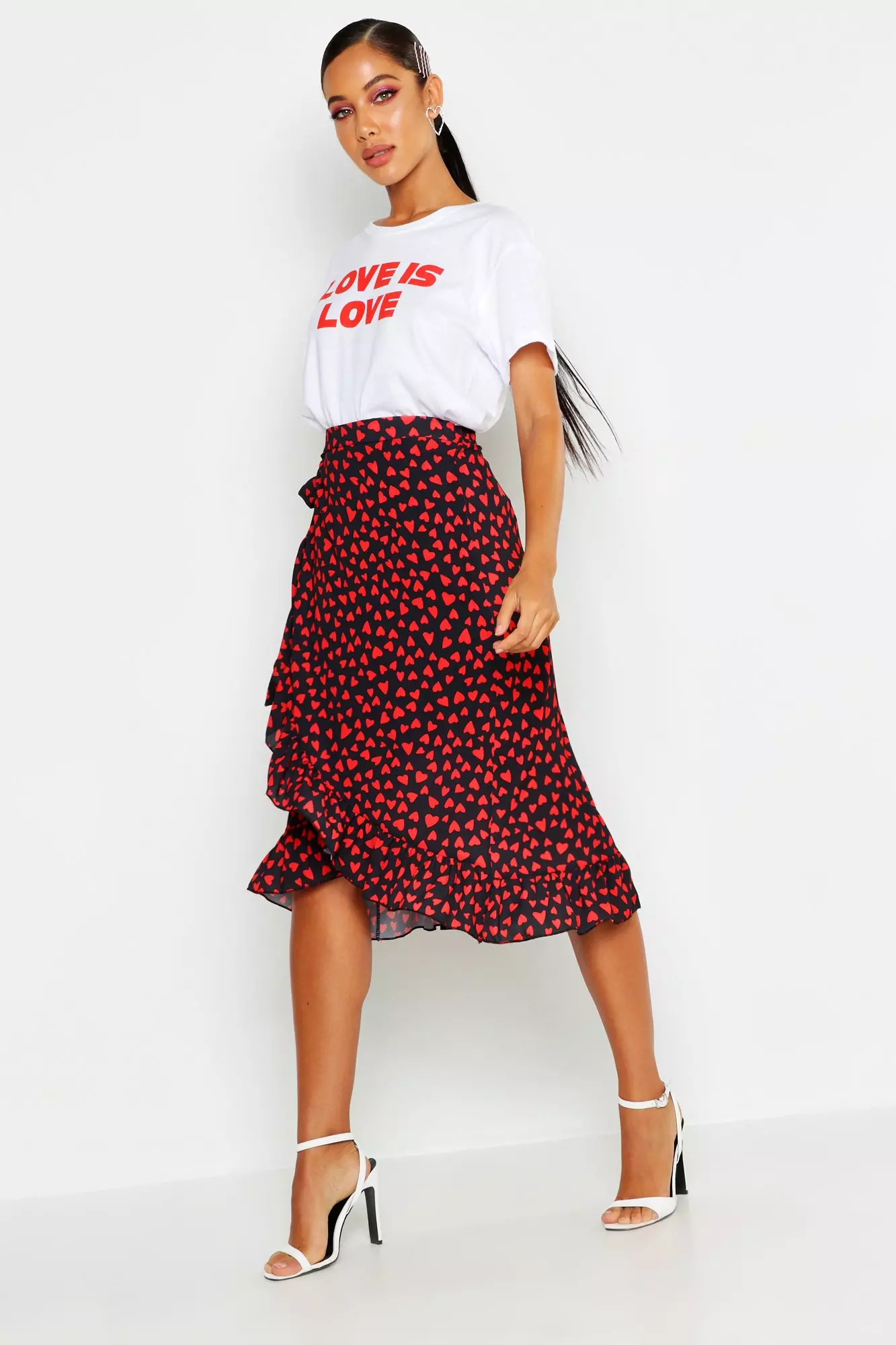 Black Woven Heart Print Ruffle Midi Skirt alternative image