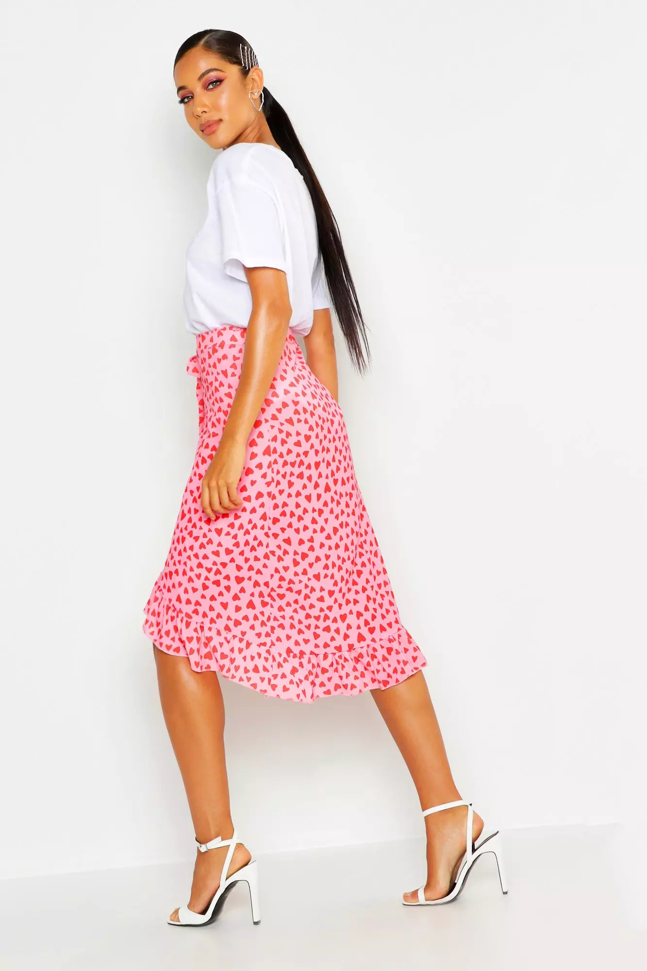 Black Woven Heart Print Ruffle Midi Skirt alternative image