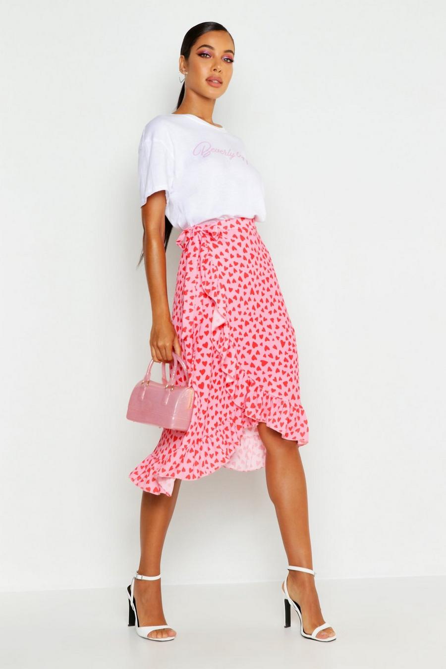 Pink Woven Heart Print Ruffle Midi Skirt image number 1