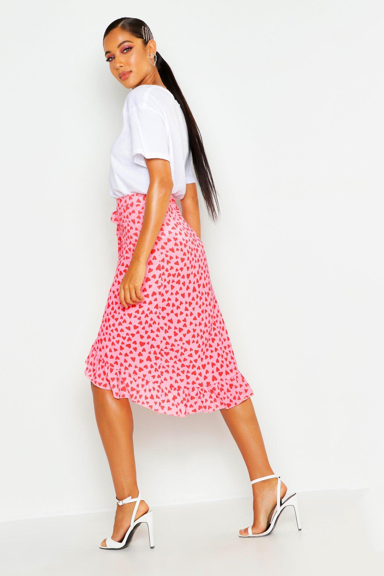 Pink heart 2025 print midi skirt